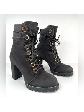 Stuart Weitzman Dark Gray Suede Lace-Up Block Heel Ankle Boots